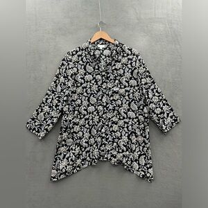 J. Jill Women’s Large Black Floral Button Down Shirt 3/4 Sleeves